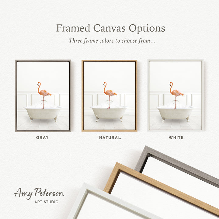 three framed canvas options, each featuring a different color of frame: gray, natural, and white. The text above the images reads " Framed Canvas Options" and "Three frame colors to choose from...". The text below the images reads "Grays", "Naturals", and "Whites". The artist's name, Amy Peterson, is also mentioned at the bottom of the image.