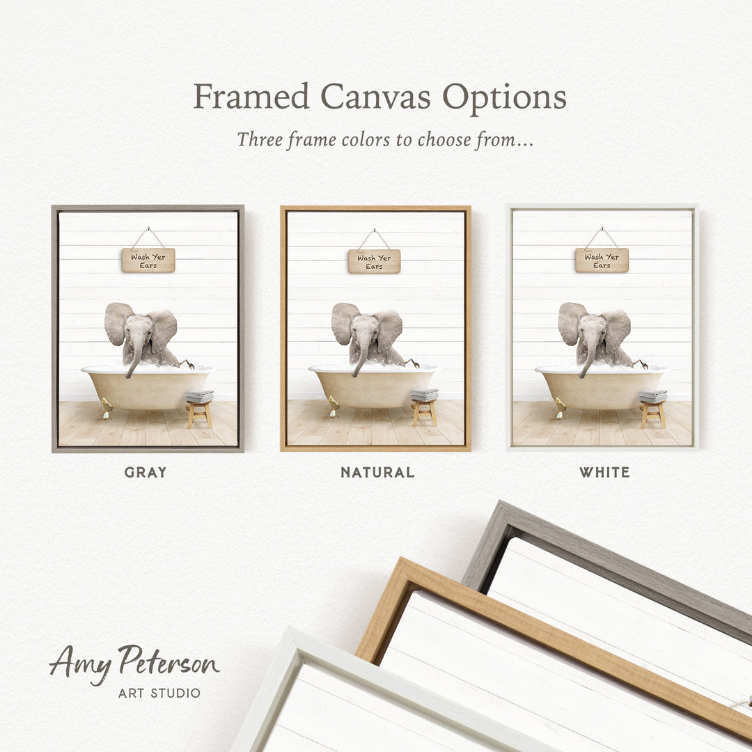 three framed canvas options featuring a gray elephant in a bathtub, a natural elephant in a bathtub, and a white elephant in a bathtub.