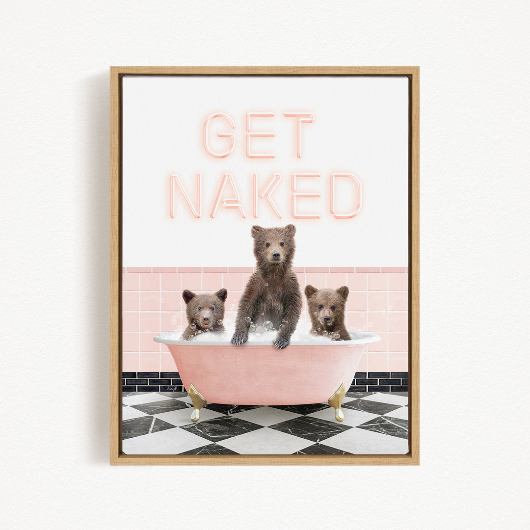 three bears sitting in a pink bathtub, with the text "GET NAKED" displayed above them.