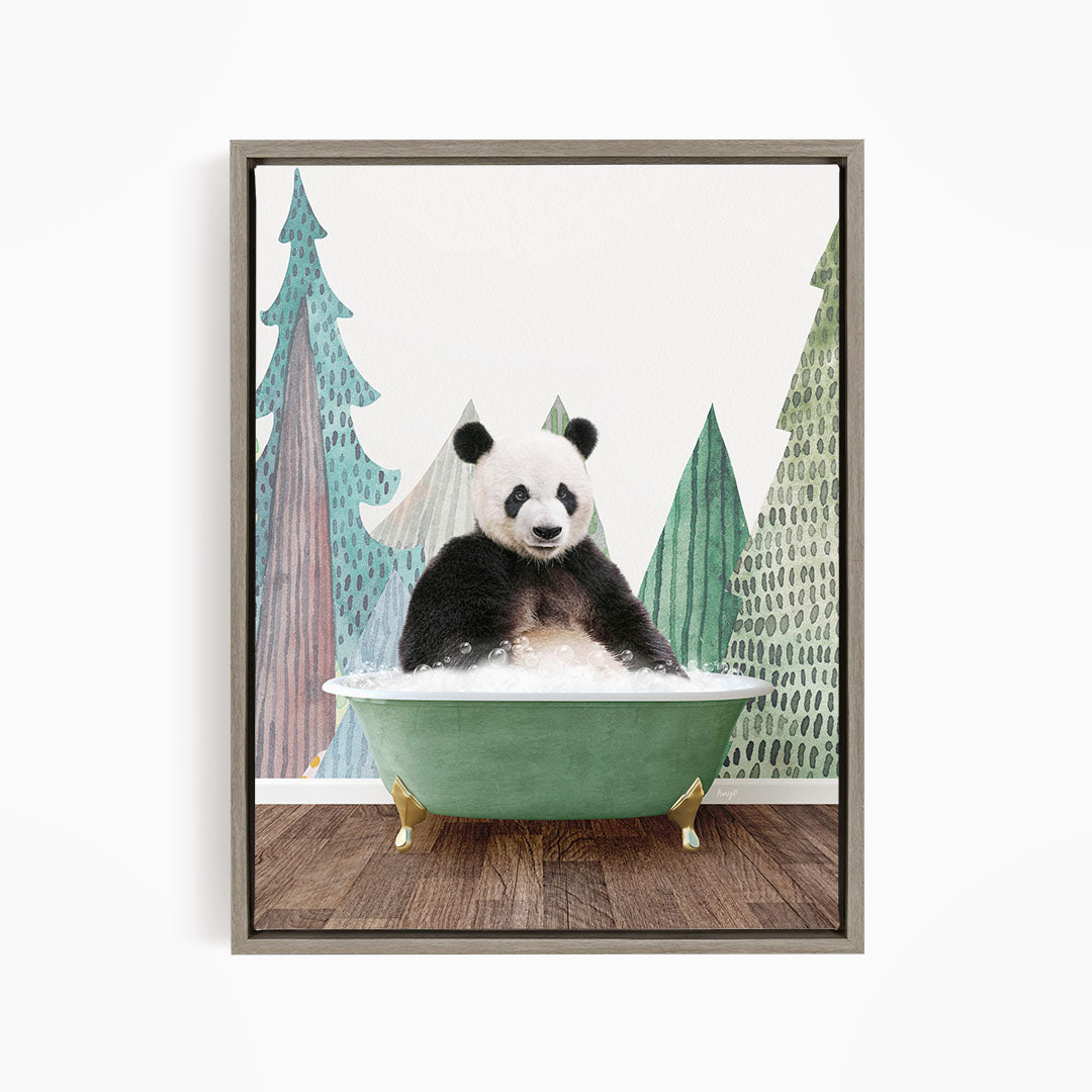 A panda bear sitting in a green bathtub, surrounded by trees and a forest-like background.