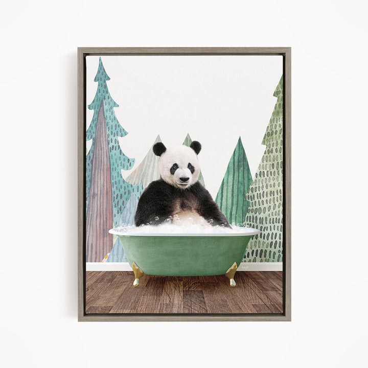 A panda bear sitting in a green bathtub, surrounded by trees and a forest-like background.