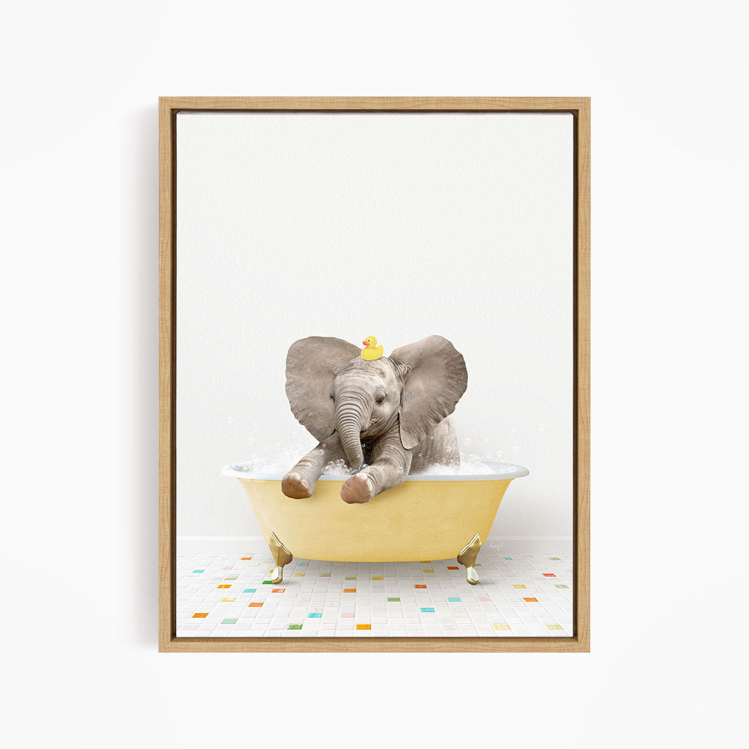 A baby elephant sitting in a yellow bathtub, with a rubber duck on its head, enjoying a bath.