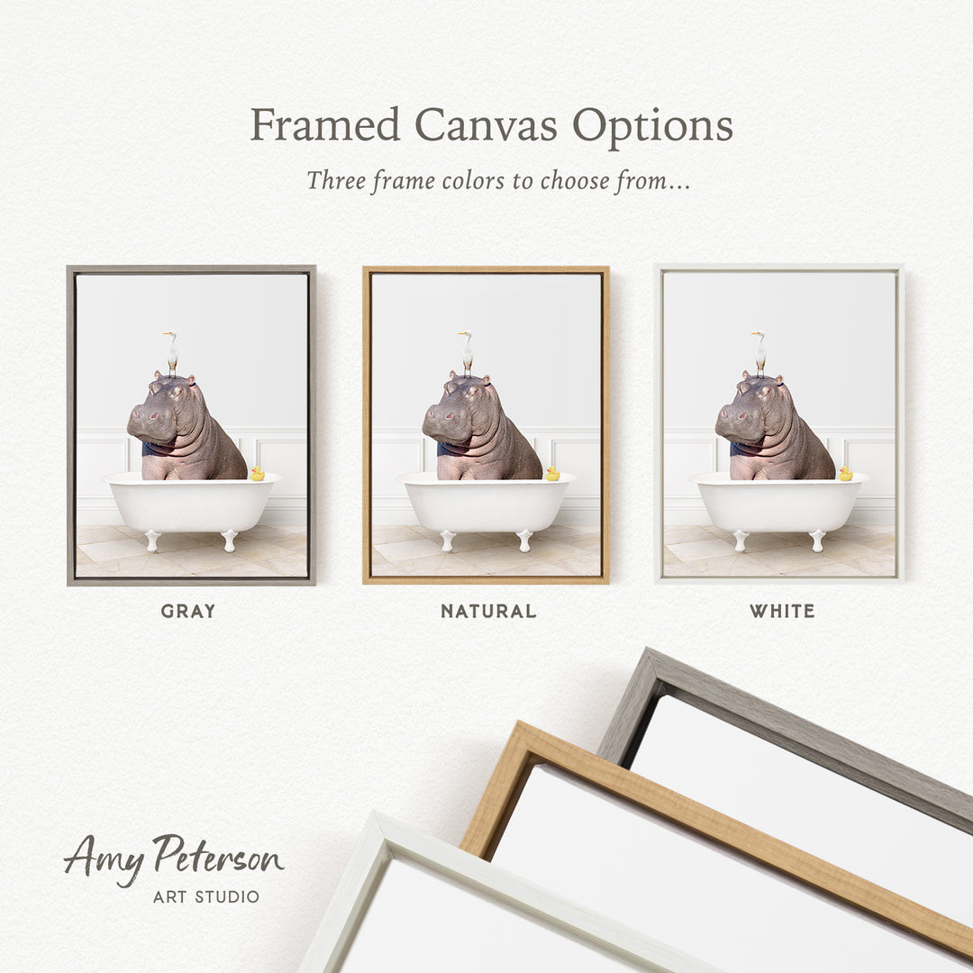 three framed canvas options, each featuring a photograph of a hippopotamus sitting in a bathtub. The options include a gray frame, a natural frame, and a white frame.