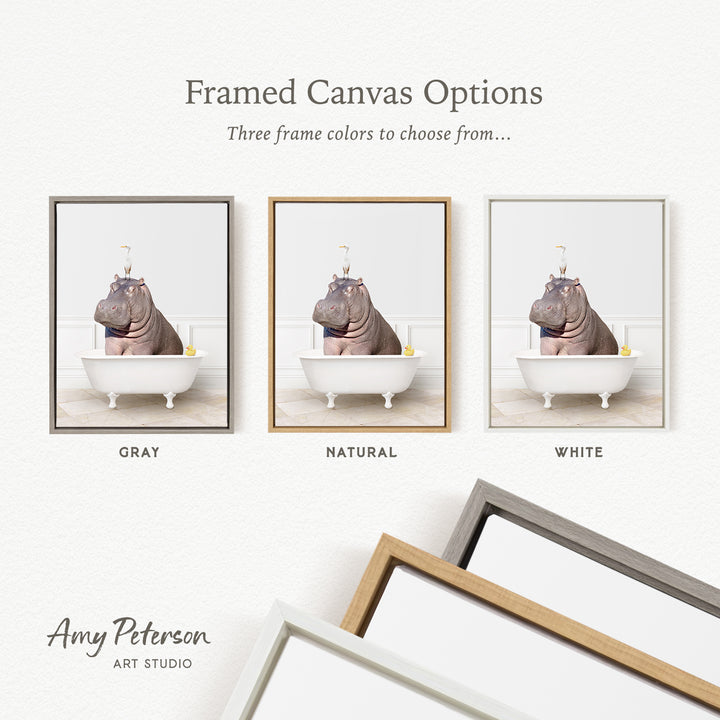 three framed canvas options, each featuring a photograph of a hippopotamus sitting in a bathtub. The options include a gray frame, a natural frame, and a white frame.