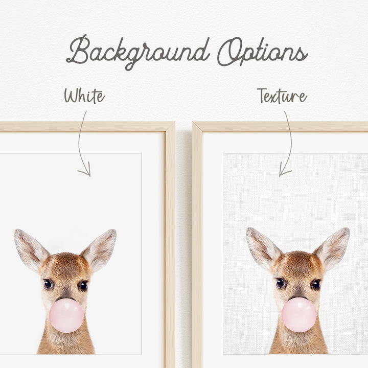 a cute baby deer blowing a bubble with a bubble gum bubble.