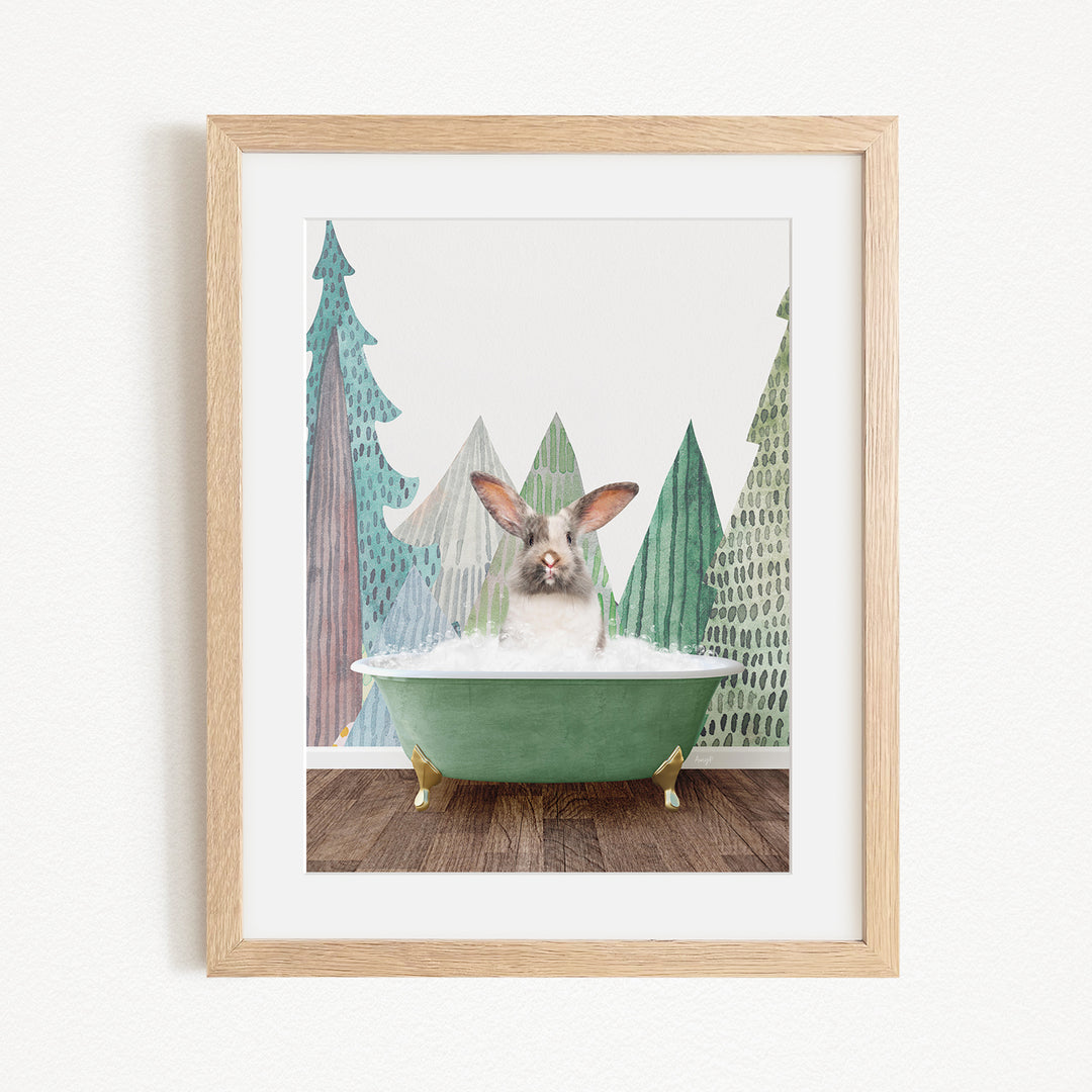 A rabbit sitting in a green bathtub, surrounded by stylized trees in a forest-like setting.