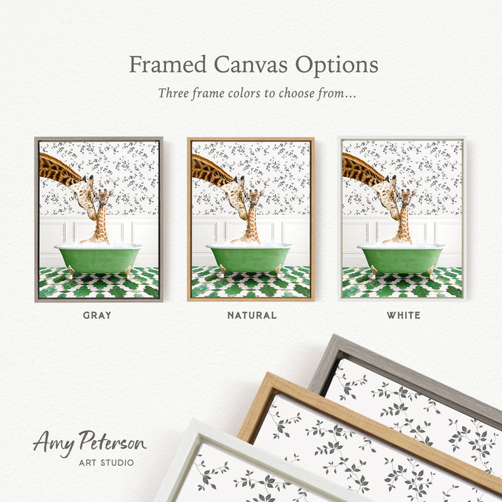 The image is a framed canvas option showcasing three different framed canvas options for a giraffe bath. The options include a gray frame, a natural frame, and a white frame. The text above the images reads " Framed Canvas Options" and "Three frame colors to choose from...".