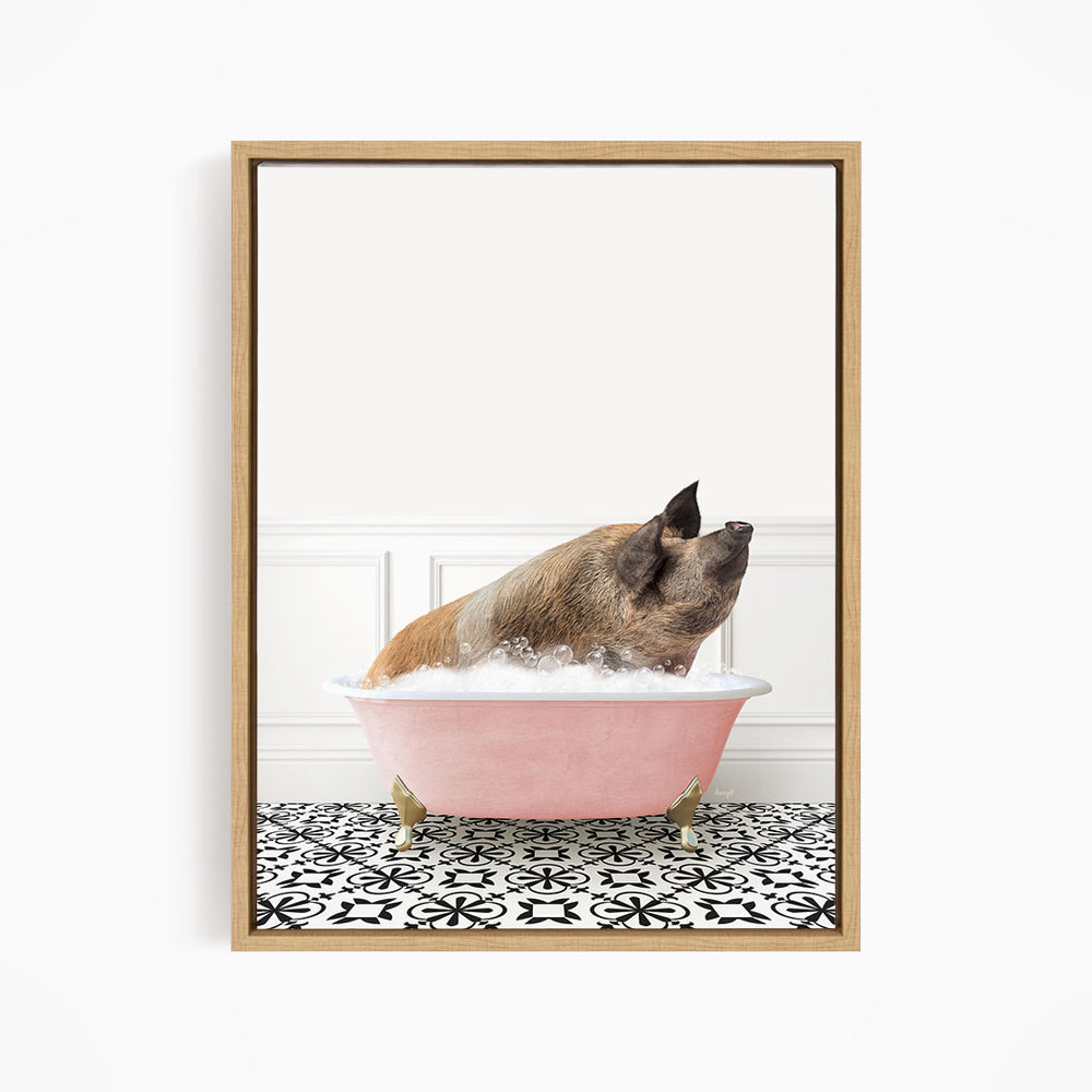 A pig sitting in a pink bathtub filled with water, looking up at the camera.