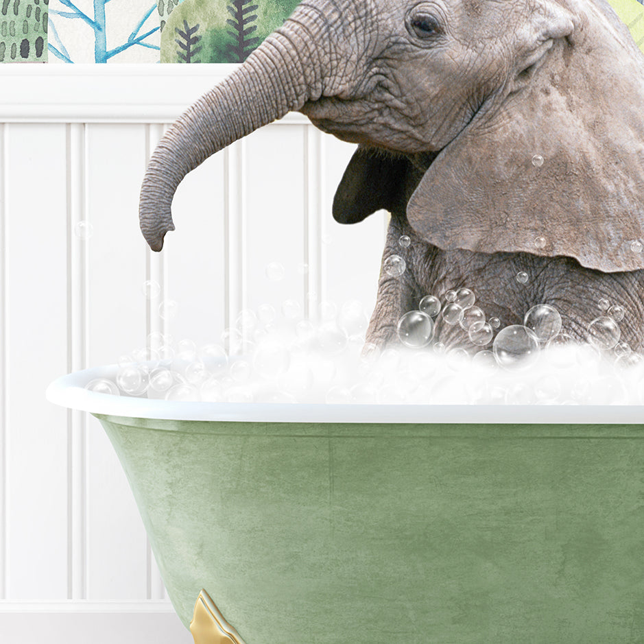 a baby elephant in a bathtub with bubbles