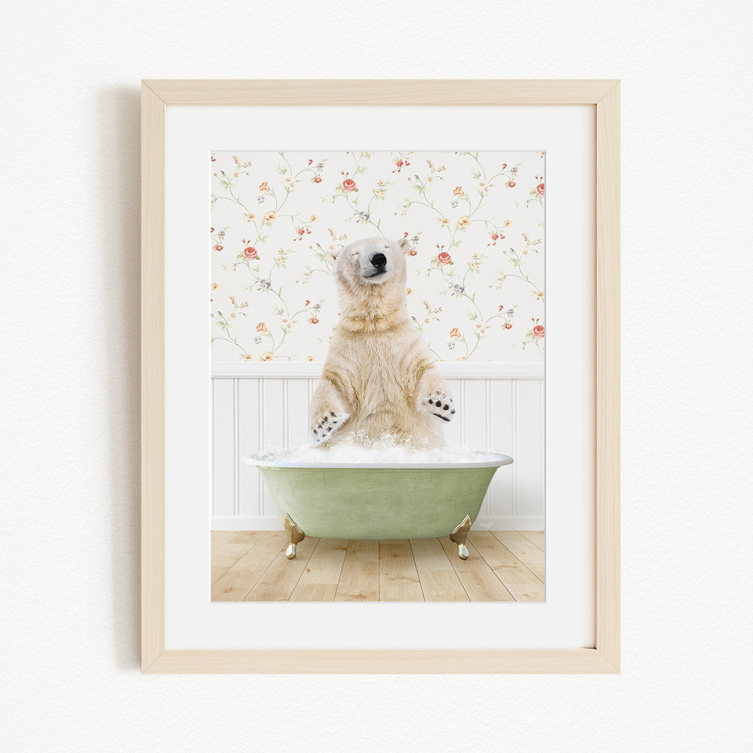 A polar bear standing in a green bathtub filled with water, with a floral wallpaper in the background.