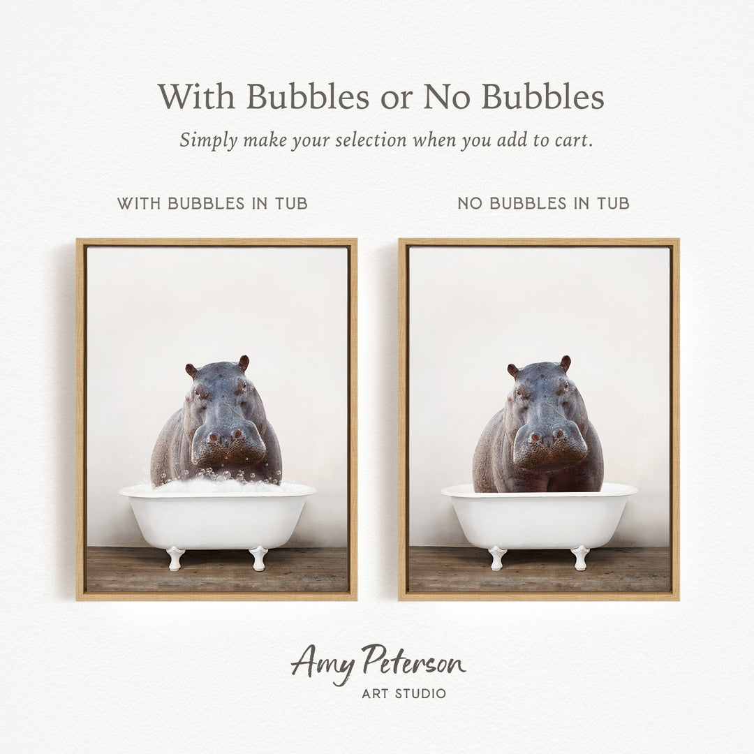 The image is a collage of two pictures, each featuring a hippopotamus in a bathtub. The first picture shows a hippopotamus with bubbles in the tub, while the second picture shows a hippopotamus without bubbles in the tub. The text above the images reads "With Bubbles or No Bubbles" and below the images, it says "Simply make your selection when you add to cart."