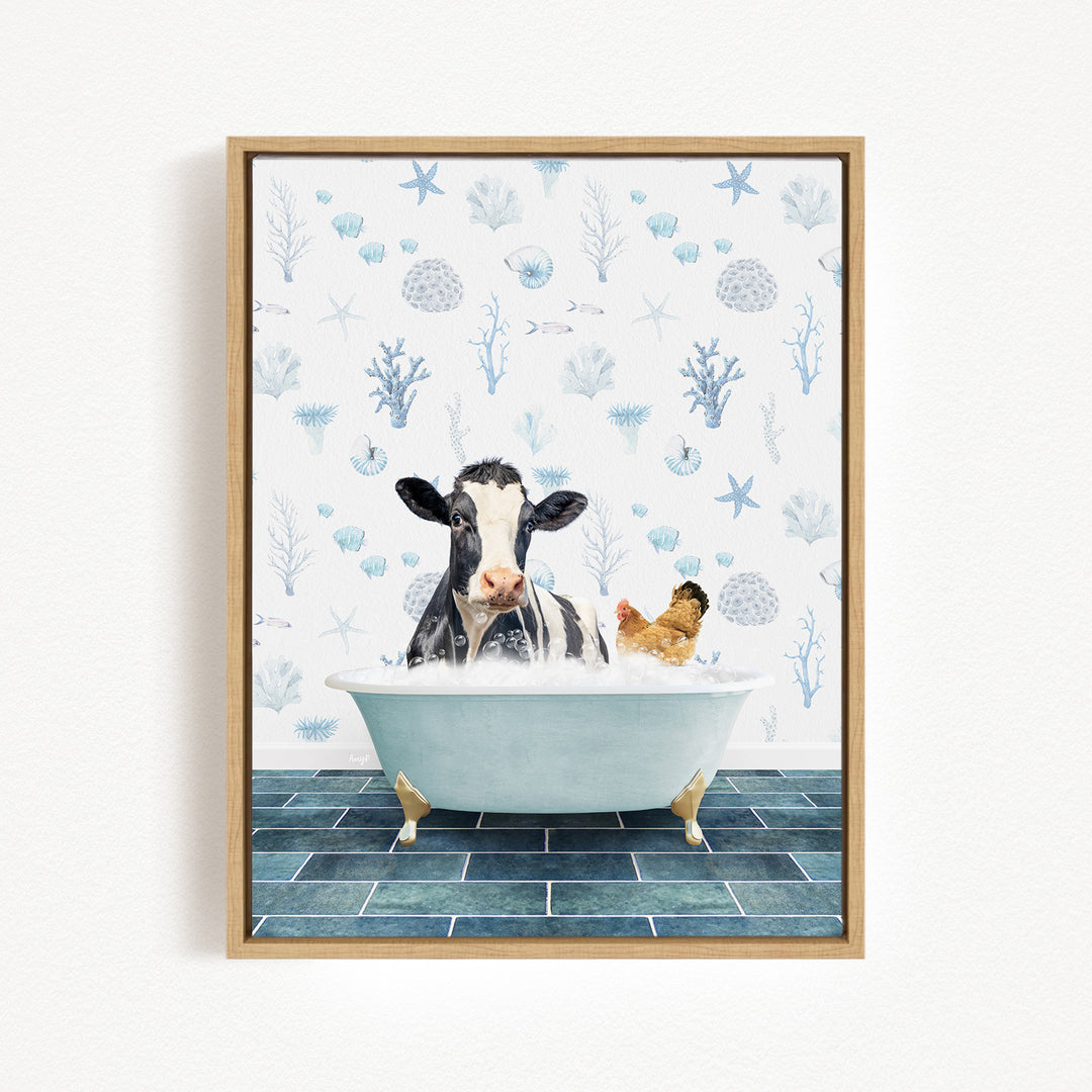 A cow is sitting in a bathtub filled with water, surrounded by various marine life and plants, creating a whimsical and playful scene.