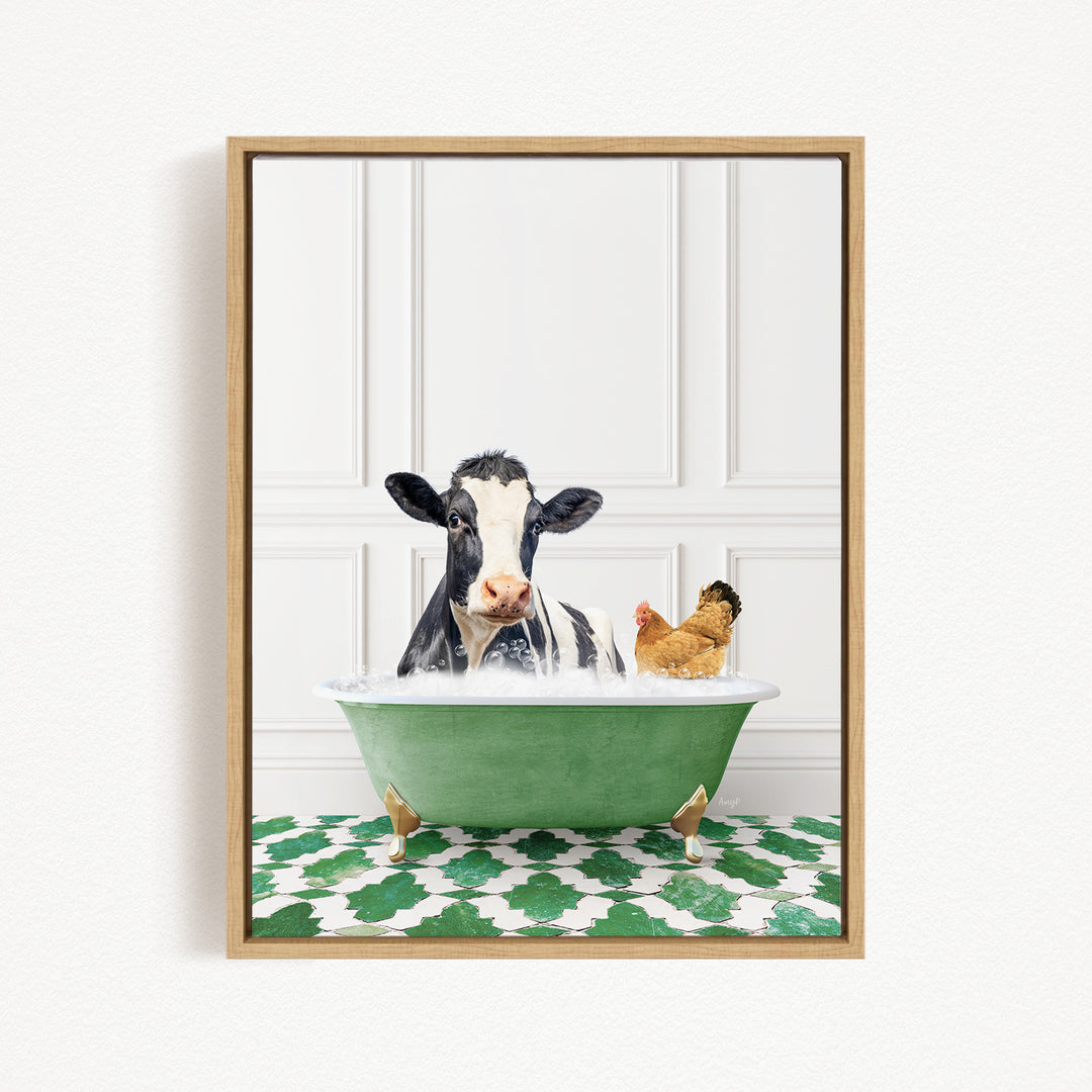 A black and white cow is sitting in a green bathtub, with a chicken standing nearby, in a white-walled room with a green and white patterned floor.