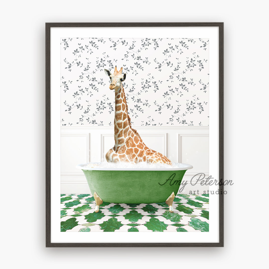 a giraffe is sitting in a green bathtub