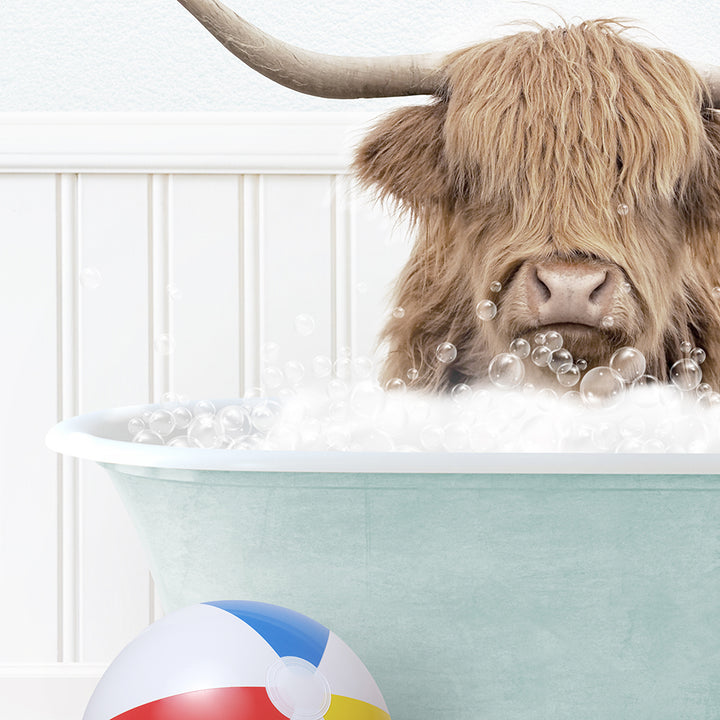 a bull with long hair sitting in a bathtub