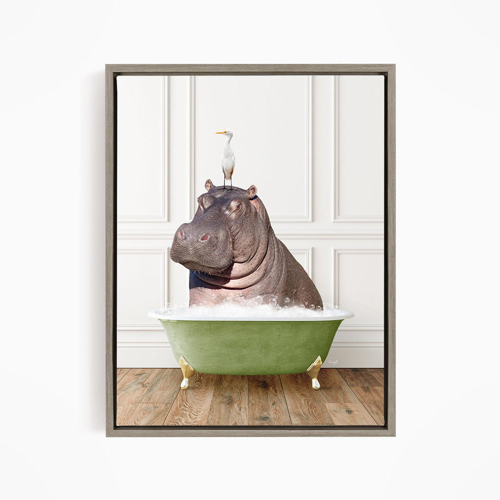 A large hippopotamus sitting in a green bathtub, with a white bird perched on its head.