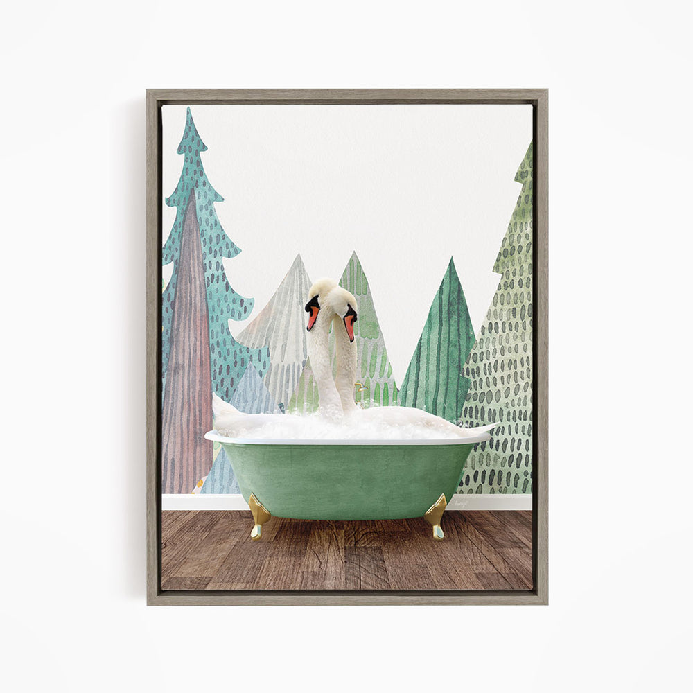 A white swan is sitting in a green bathtub, surrounded by a forest scene with trees and a snowy landscape.