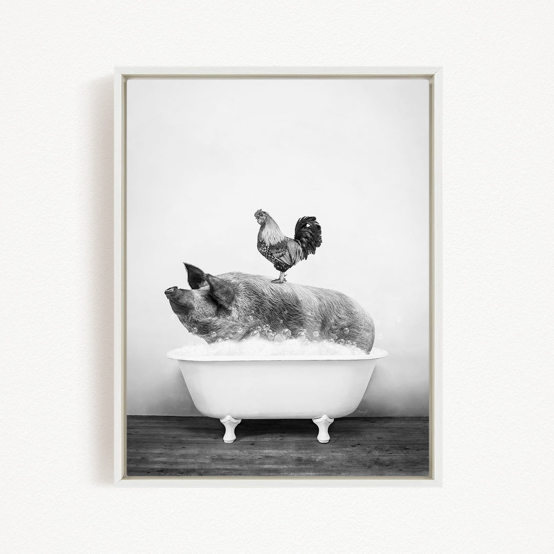 A rooster stands on a bathtub filled with water, with a pig sitting inside.