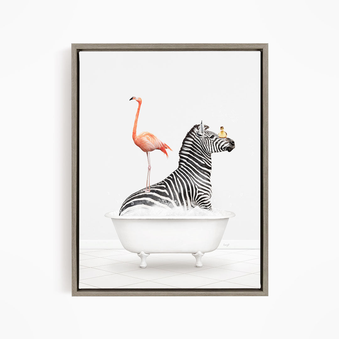 A zebra is sitting in a white bathtub, with a flamingo standing on its back and a bird perched on its head.