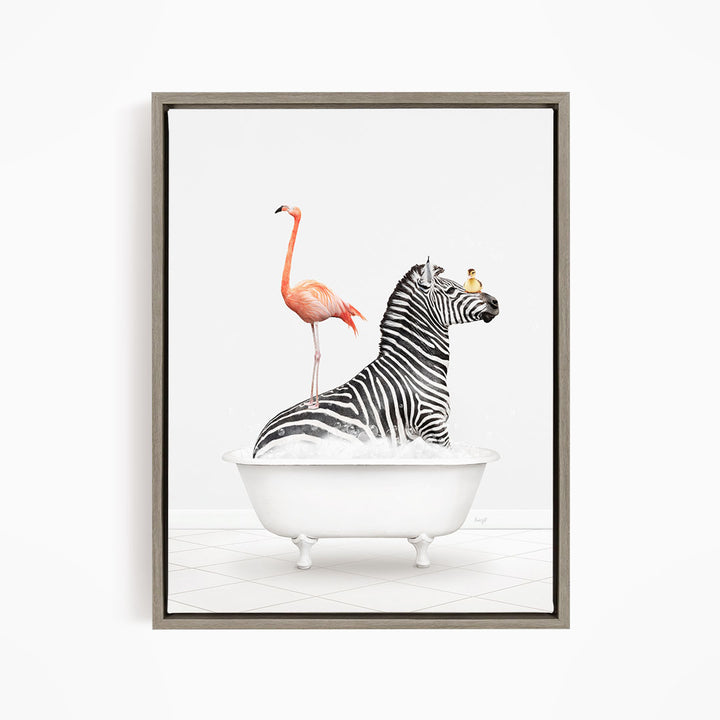 A zebra is sitting in a white bathtub, with a flamingo standing on its back and a bird perched on its head.