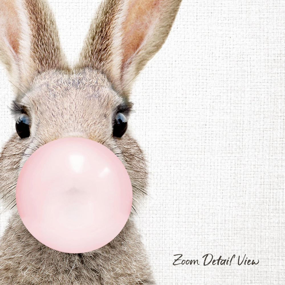 A close-up of a rabbit blowing a pink bubble with its nose, with a text overlay that reads "Zoom Detail View".