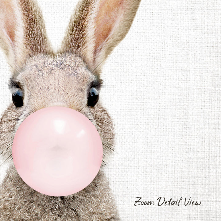 A close-up of a rabbit blowing a pink bubble with its nose, with a text overlay that reads "Zoom Detail View".