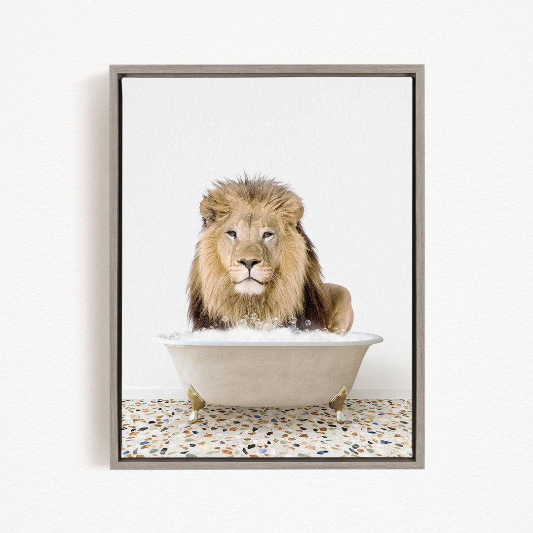 A lion sitting in a bathtub filled with water, surrounded by a tiled floor.