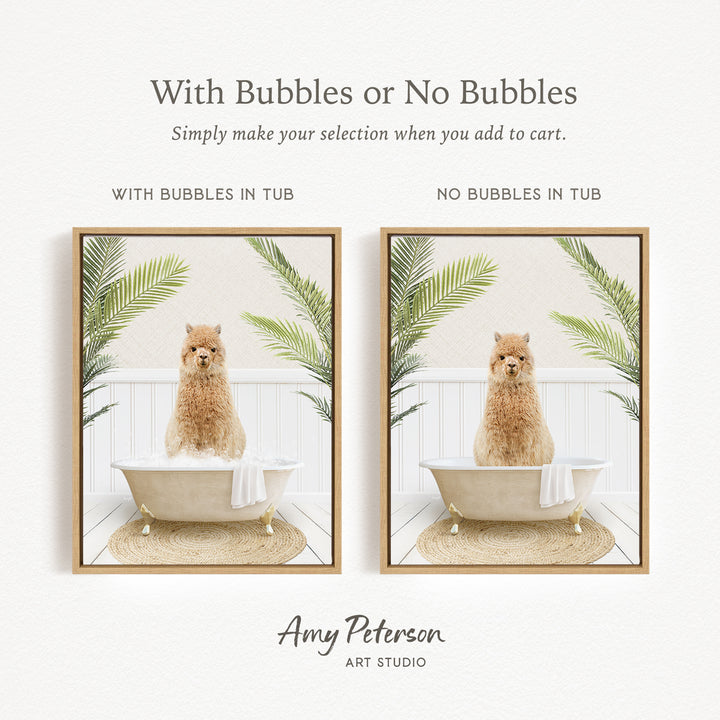 The image is a collage of two framed pictures, each featuring a brown dog sitting in a bathtub. The dog appears to be enjoying a bath, surrounded by a white bathtub, a towel, and some plants. The collage is titled "With Bubbles or No Bubbles" and is created by Amy Peterson from Art Studio.