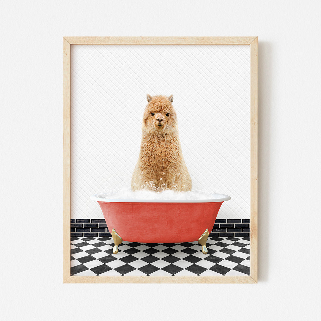 a dog sitting in a bathtub with a black and white checkered floor