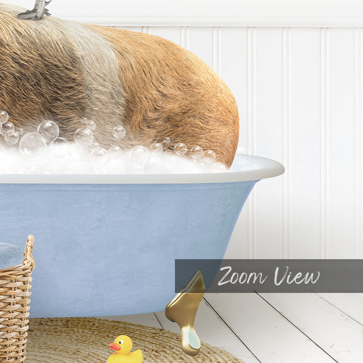 A dog is taking a bath in a blue bathtub filled with bubbles, with a yellow rubber duck nearby.