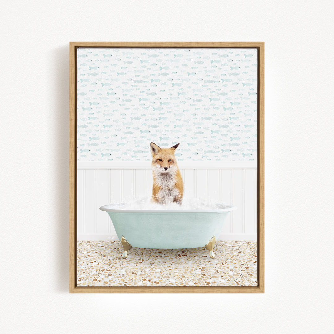 A fox is sitting in a bathtub filled with bubbles, surrounded by a patterned wall and a tiled floor.