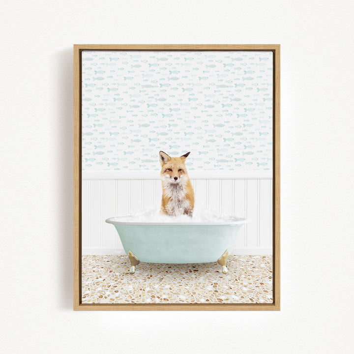 A fox is sitting in a bathtub filled with bubbles, surrounded by a patterned wall and a tiled floor.