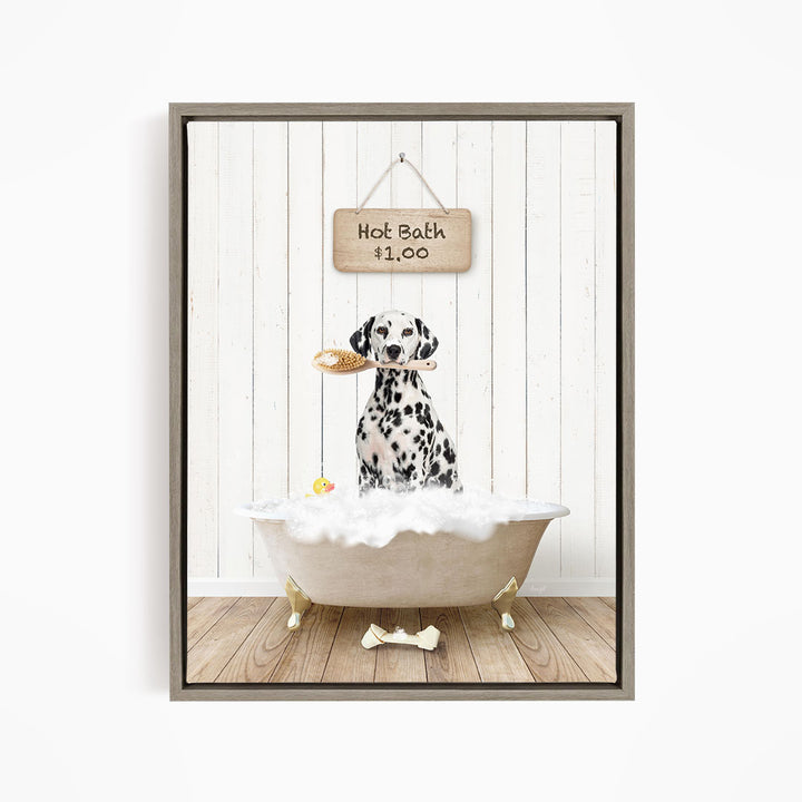 A Dalmatian dog sitting in a white bathtub, holding a toy in its mouth, with a sign above the bathtub that reads "Hot Bath $1.00".