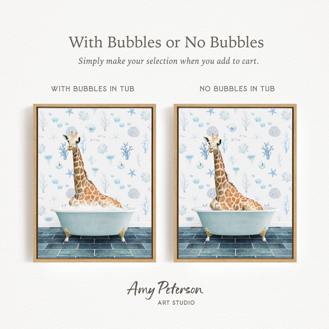 The image is a framed print featuring a giraffe sitting in a bathtub, with the text "With Bubbles or No Bubbles" above the images.