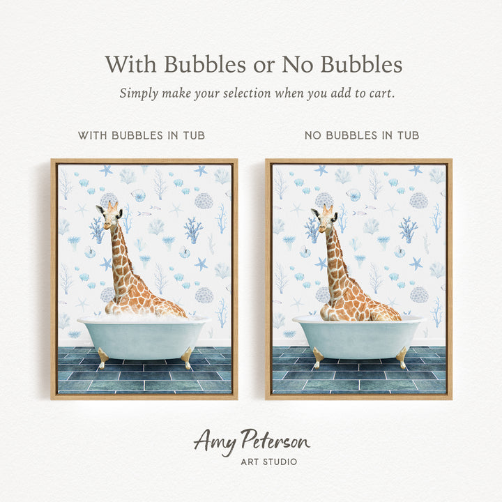 The image is a framed print featuring a giraffe sitting in a bathtub, with the text "With Bubbles or No Bubbles" above the images.