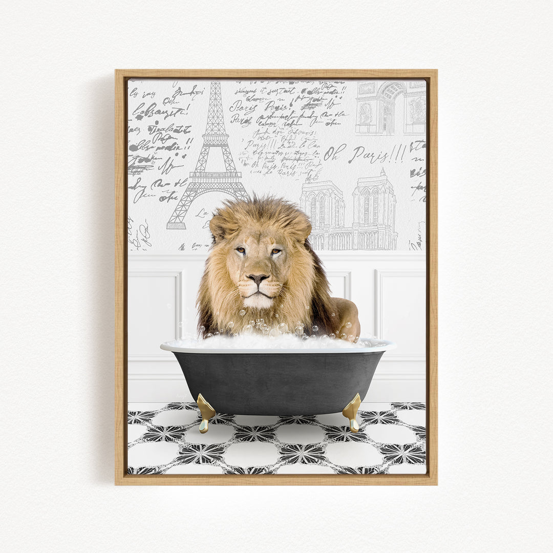 A lion is sitting in a bathtub filled with water, surrounded by a patterned floor and a wall with the Eiffel Tower and other architectural drawings.