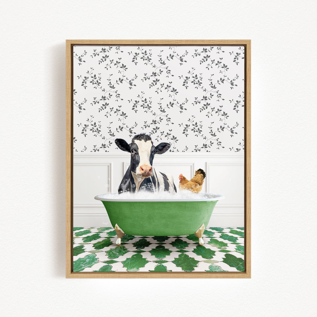 A cow is sitting in a green bathtub filled with water, surrounded by a chicken and a patterned tile floor.