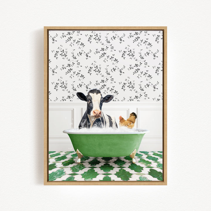 A cow is sitting in a green bathtub filled with water, surrounded by a chicken and a patterned tile floor.