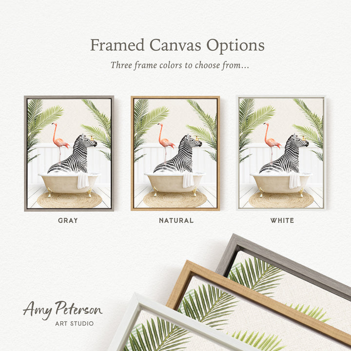 The image is a framed canvas option showcasing three different frame colors: gray, natural, and white. The canvas features a zebra and a flamingo in a bathtub, with the zebra in a gray frame and the flamingo in a natural frame, and the flamingo in a white frame.