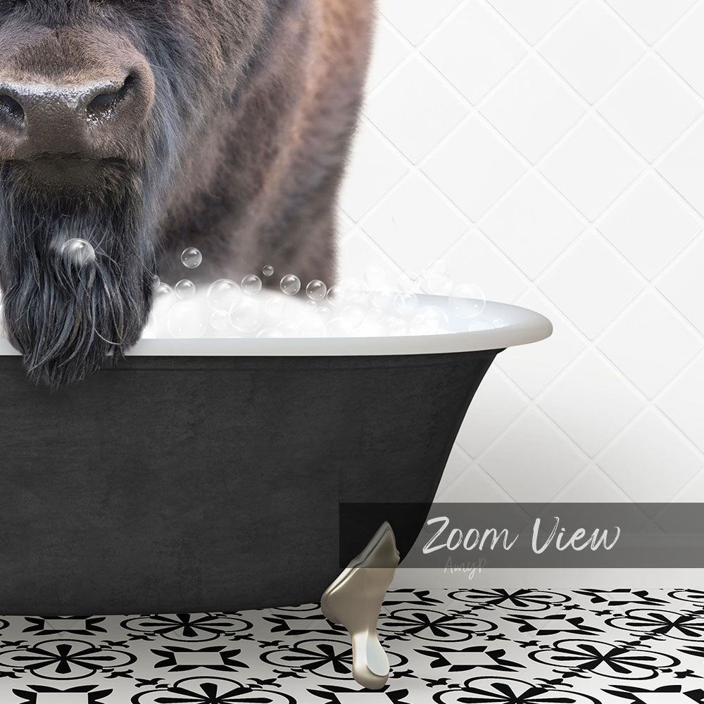 A close-up of a dog's face peeking out of a bathtub filled with bubbles, with a black and white patterned floor in the foreground.