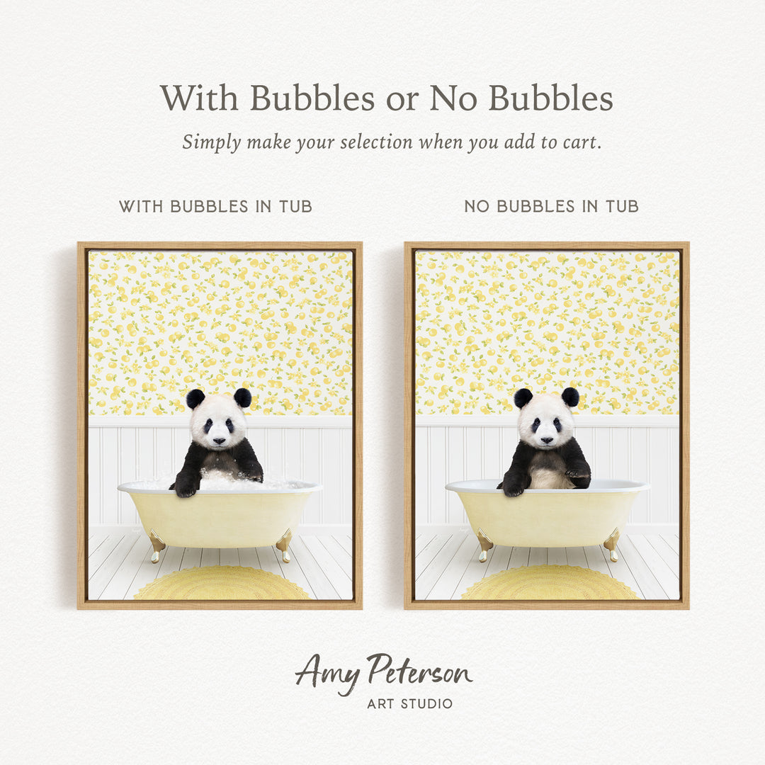 The image is a collage of two pictures featuring a panda bear sitting in a bathtub. The panda bear is sitting on a yellow mat in the bathtub, and the background has a yellow and white floral pattern. The panda bear is sitting in the tub with bubbles, while the other image does not have bubbles.
