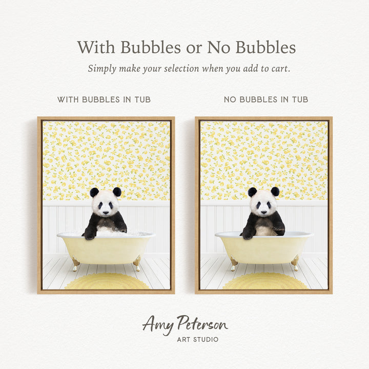 The image is a collage of two pictures featuring a panda bear sitting in a bathtub. The panda bear is sitting on a yellow mat in the bathtub, and the background has a yellow and white floral pattern. The panda bear is sitting in the tub with bubbles, while the other image does not have bubbles.