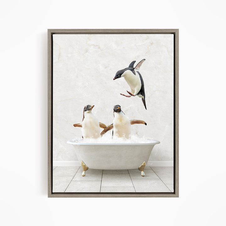 A framed image depicting two penguins sitting in a bathtub, with one penguin flying towards the other penguin.