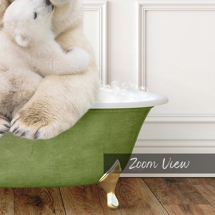 A polar bear sitting in a green bathtub filled with bubbles, with a white wall in the background.