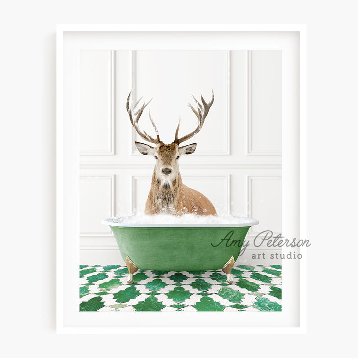 a deer sitting in a bathtub with antlers on its head