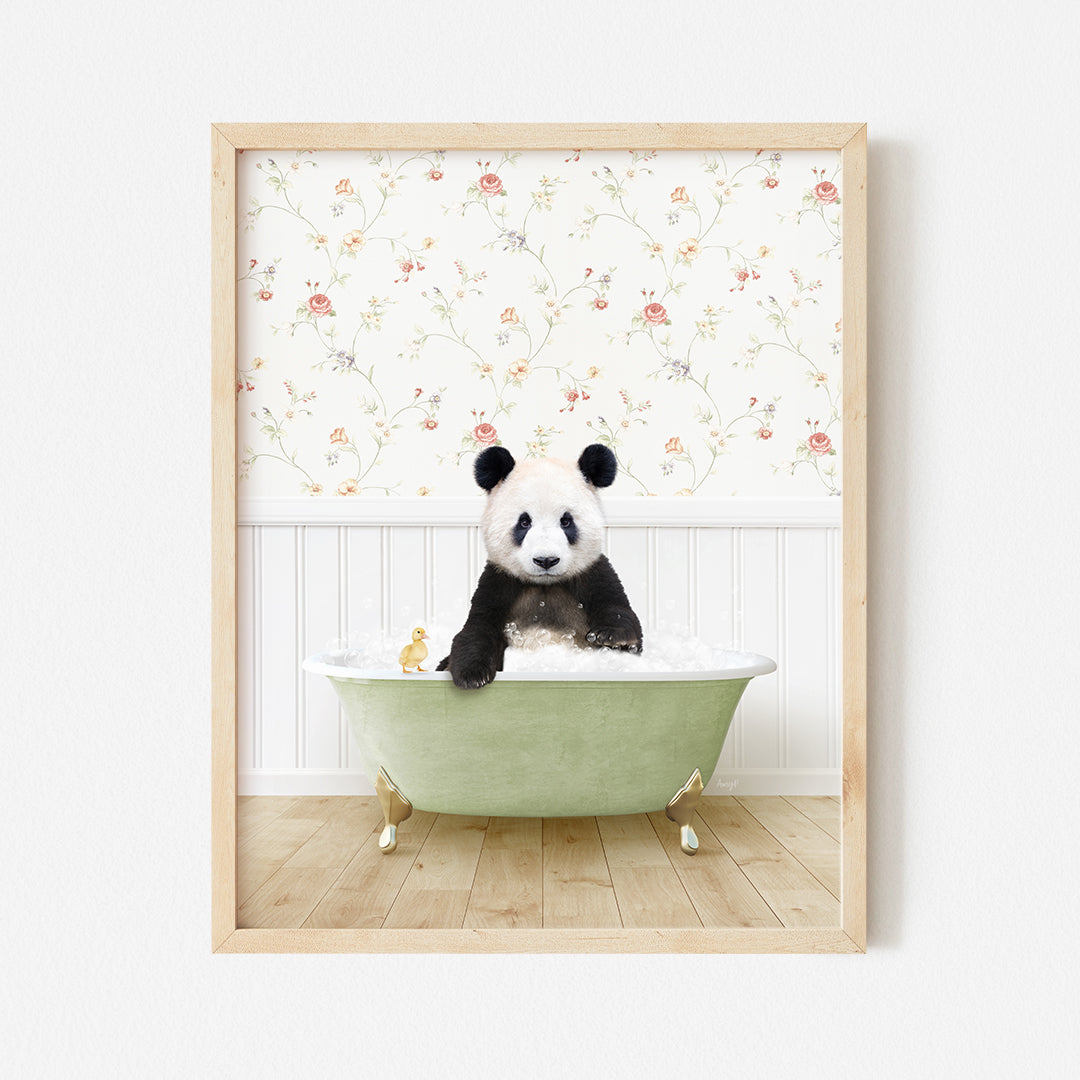 a panda bear sitting in a green bath tub