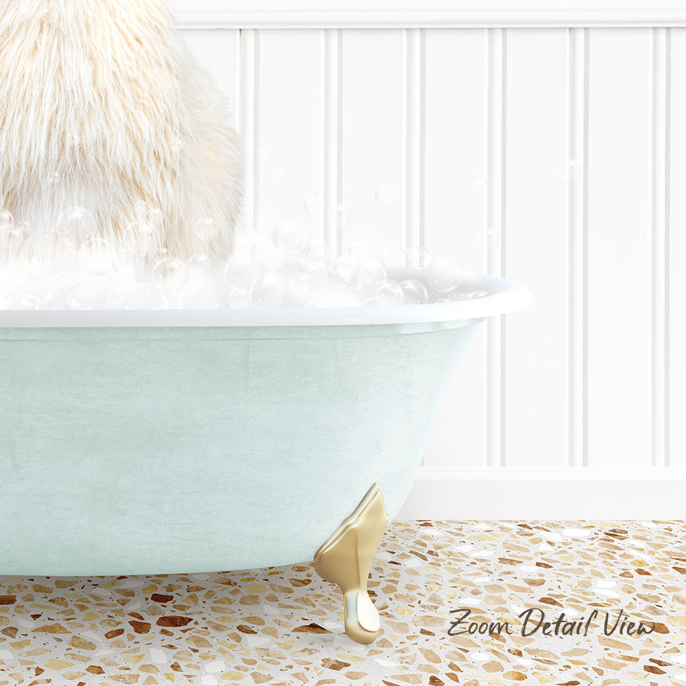 A fluffy white cat is sitting in a light blue bathtub filled with bubbles, with a text overlay that reads "Zoom Detail View".