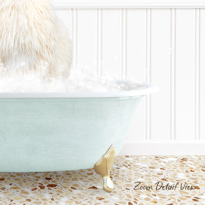 A fluffy white cat is sitting in a light blue bathtub filled with bubbles, with a text overlay that reads "Zoom Detail View".