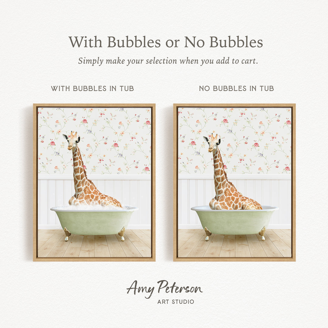 The image is a collage of two framed pictures, each depicting a giraffe sitting in a bathtub. The text above the images reads "With Bubbles or No Bubbles" and below the images, it says "Simply make your selection when you add to cart."