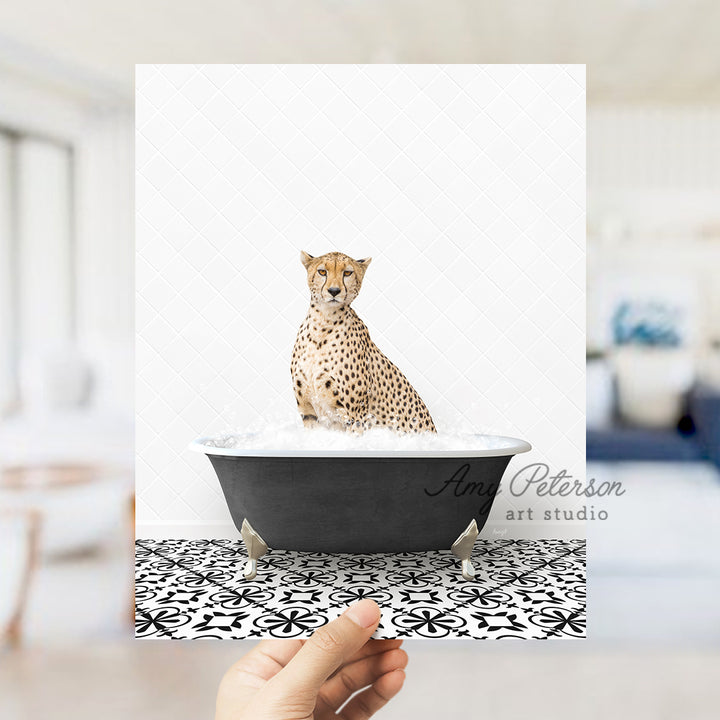 a cheetah sitting on top of a bath tub